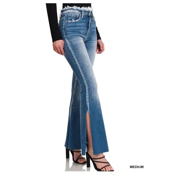 $15 start 91 ๐ FRAYED EDGED WAIST FLARE DENIM JEANS WITH SIDE
SLITS - Picture 1 of 6